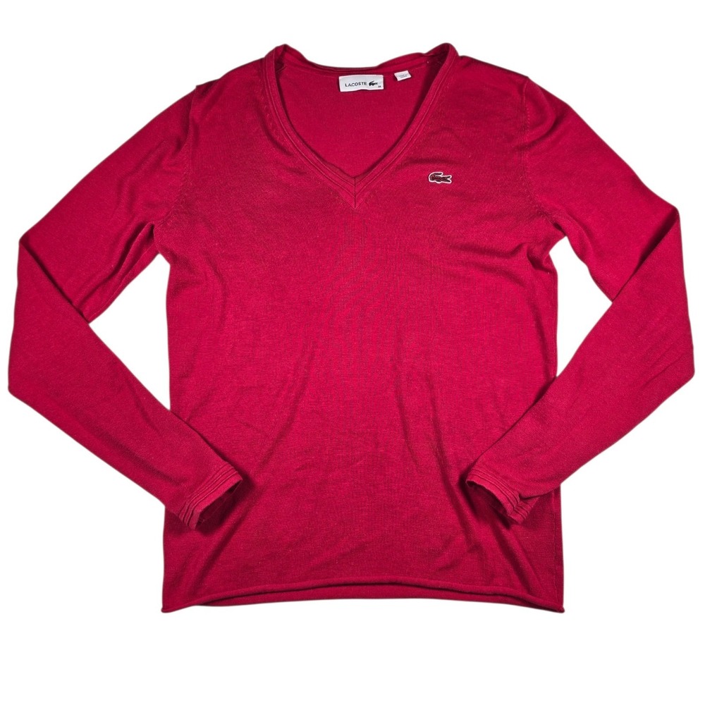 LACOSTE Cotton V-neck Long Sleeve Knit Red Holiday Sweater T-shirt Women's Sz 38